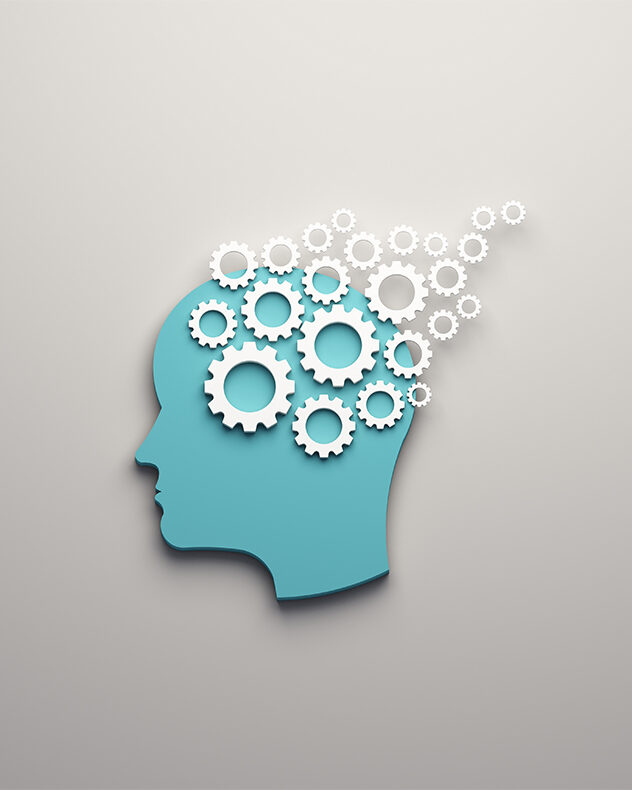 Illustration of a head in profile with interlocking gears representing the brain, some breaking free, symbolizing neurofeedback rewiring the mind.
